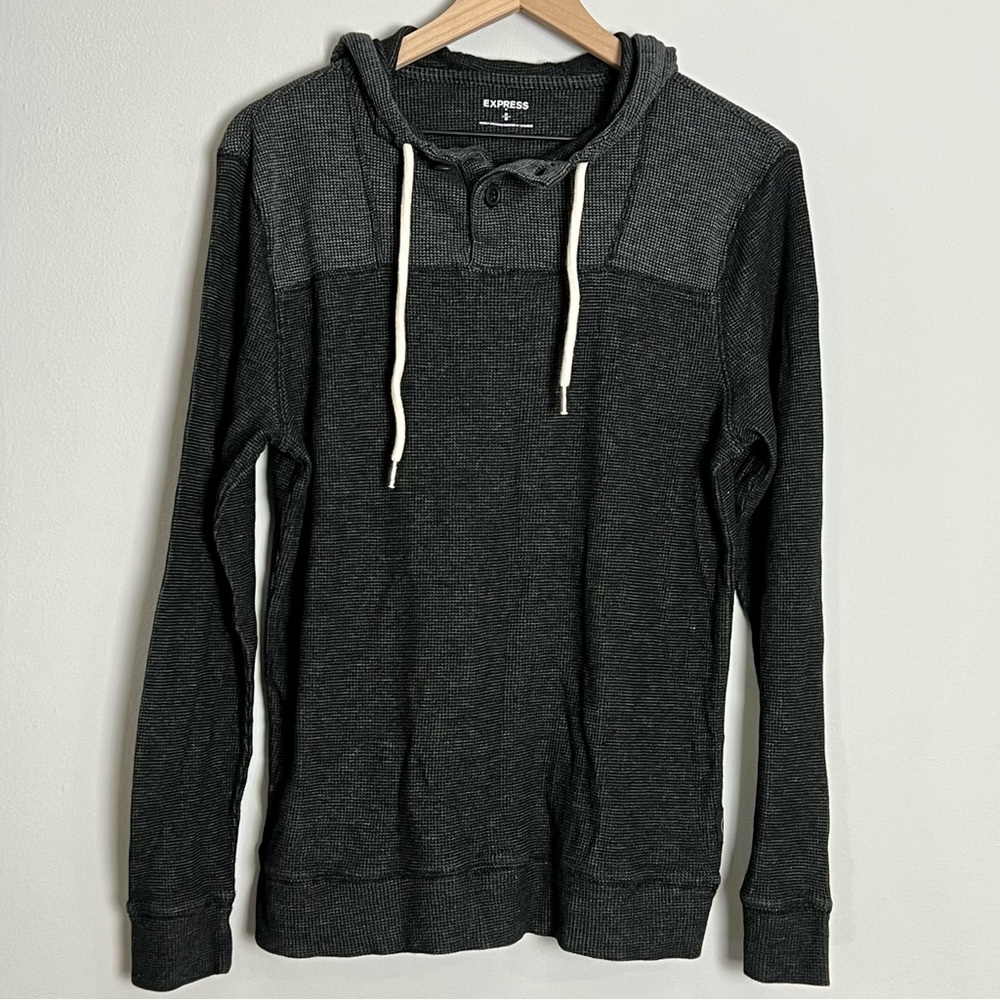 Express Men’s Gray Waffle Knit Hooded Henley Pullover Size M